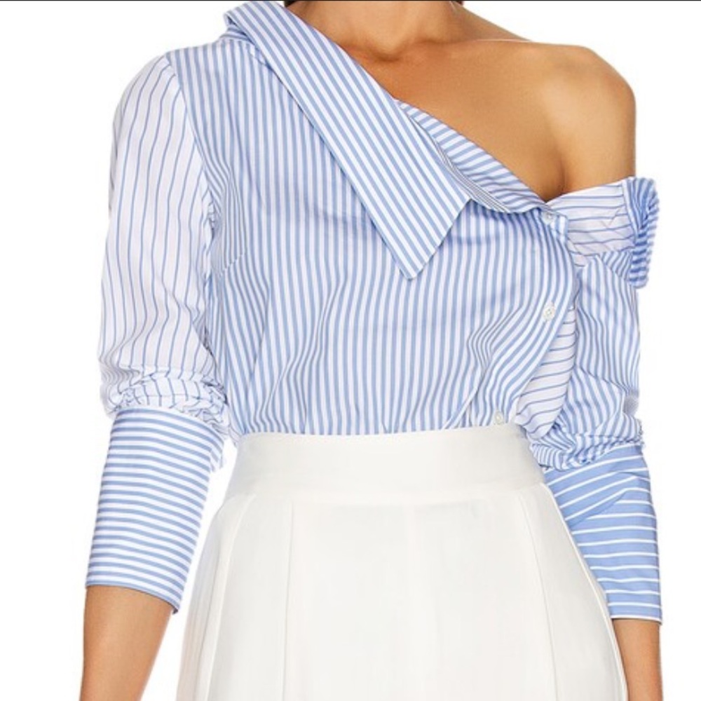 MONSE Blue and White Striped Asymmetrical Blouse